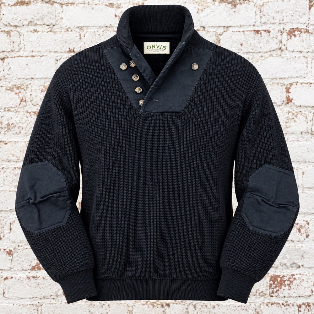 Orvis Commando Sweater Mens XXL Black Cotton Heavyweight Rib Knit Elbow Patches